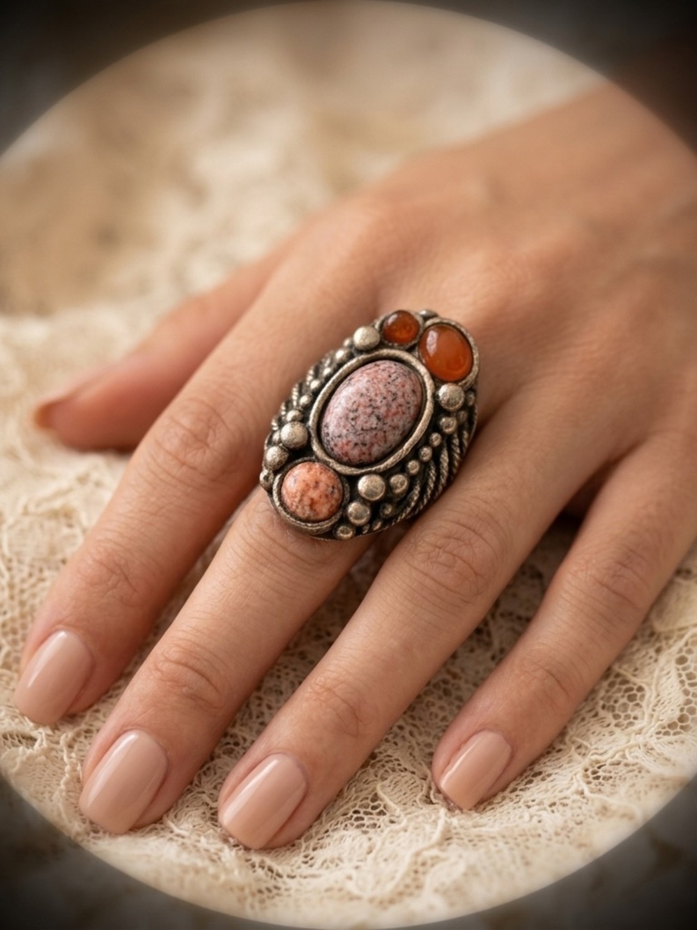 Rare Vintage-Style Boho Statement Ring | Adjustable | Pink & Carnelian